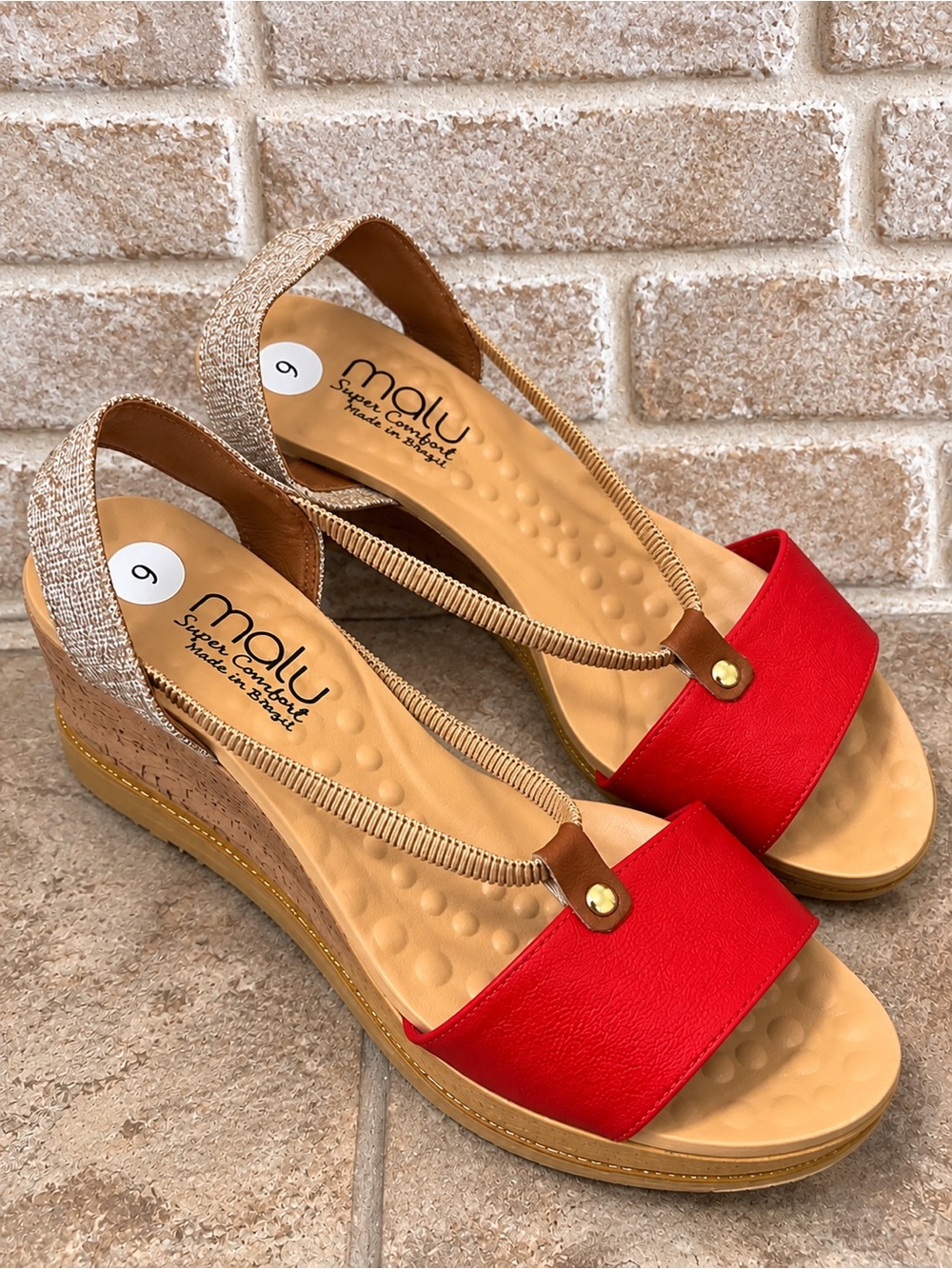 Malu Super Comfort Red Metallic Cork Wedge Sandals Brazil US 9 EU 40